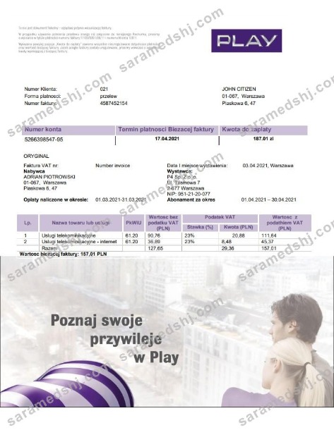 Poland Play utility bill template in Word and PDF format, fully editable